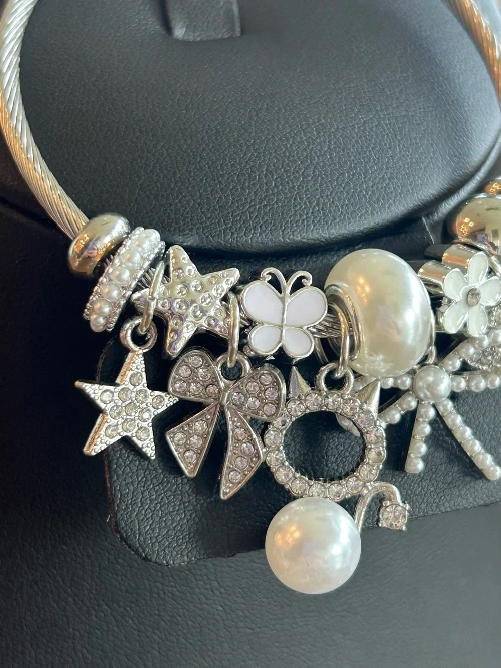 Brand New  Silver-Tone Charm Bangle with Faux Pearls & Floral Accents